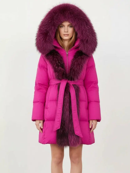 Fur-Trim Belted Down Coat in Fuchsia Pink with Pink and Black Fur - Coats