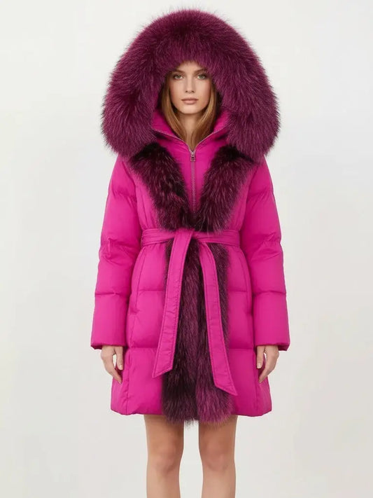 Fur-Trim Belted Down Coat in Fuchsia Pink with Pink and Black Fur - Coats