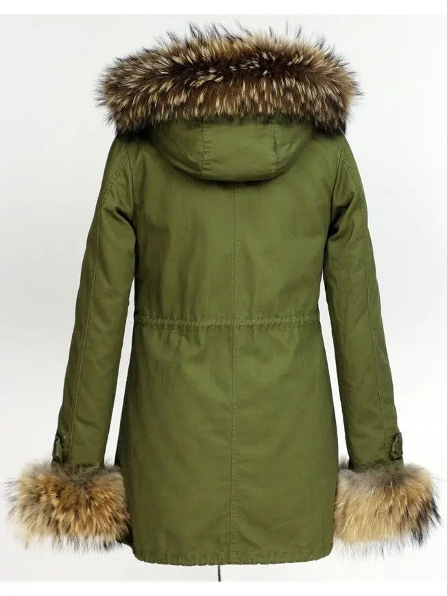 Fur-Trim Hooded Parka Coat-Army Green - Coats