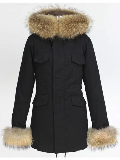 Fur-Trim Hooded Parka Coat-Black - Coats