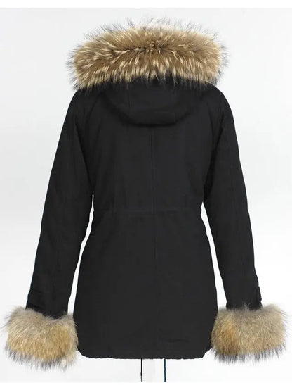 Fur-Trim Hooded Parka Coat-Black - Coats