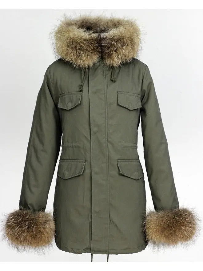 Fur-Trim Hooded Parka Coat-Khaki Green - Coats