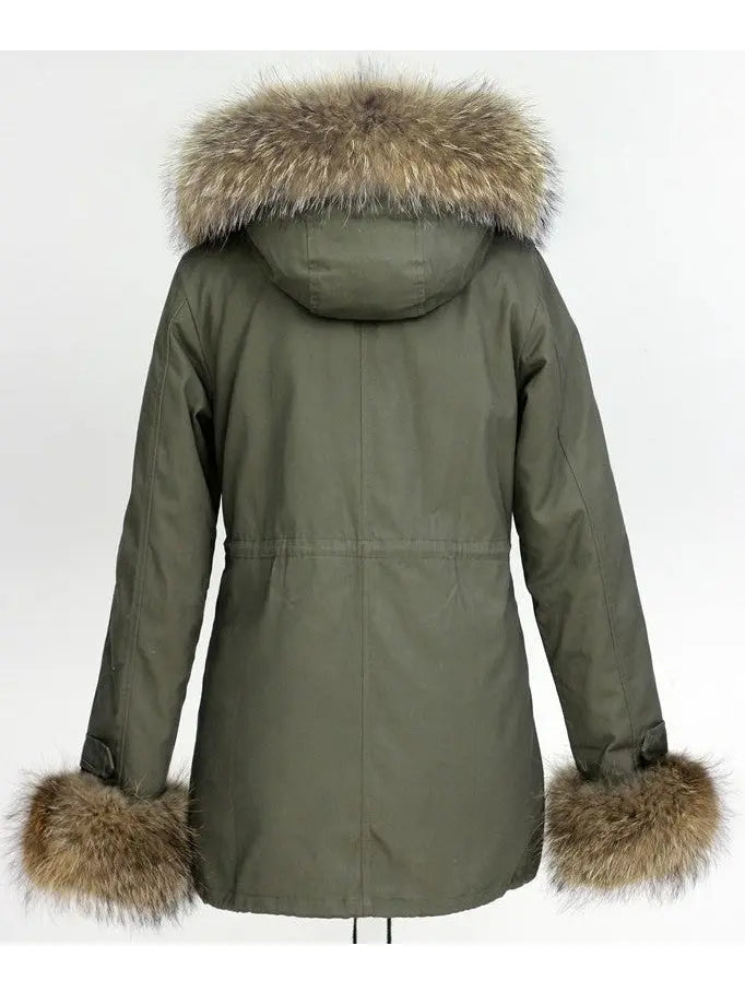 Fur-Trim Hooded Parka Coat-Khaki Green - Coats