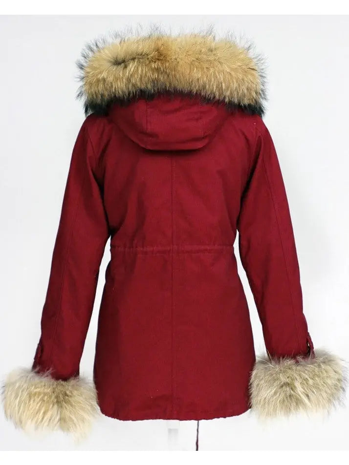 Fur-Trim Hooded Parka Coat-Red - Coats