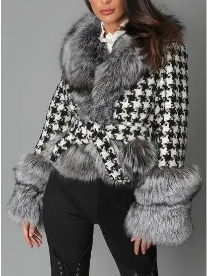 Fur-Trim Houndstooth Jacket - Jackets