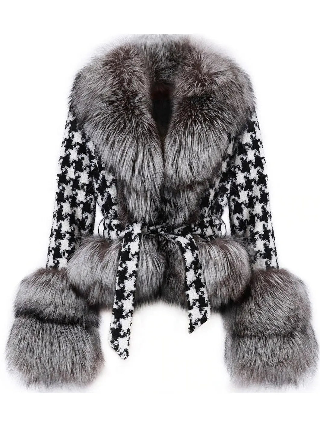 Fur-Trim Houndstooth Jacket - Jackets