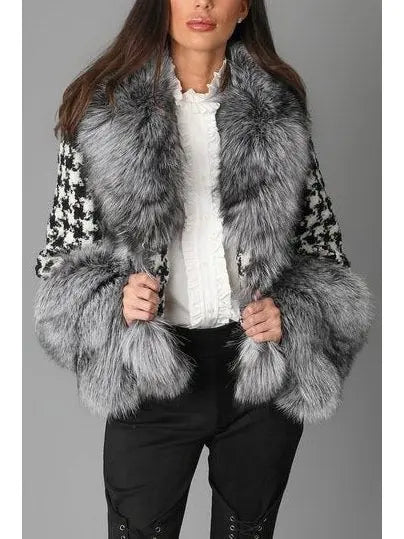 Fur-Trim Houndstooth Jacket - Jackets