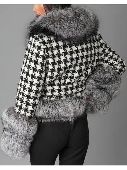 Fur-Trim Houndstooth Jacket - Jackets