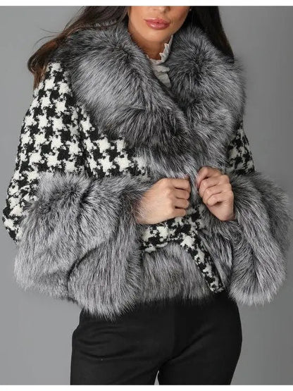 Fur-Trim Houndstooth Jacket - Jackets