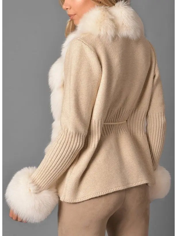 Fur-Trim Knit Cardigan Sweater in Beige - Sweaters & Knitwear