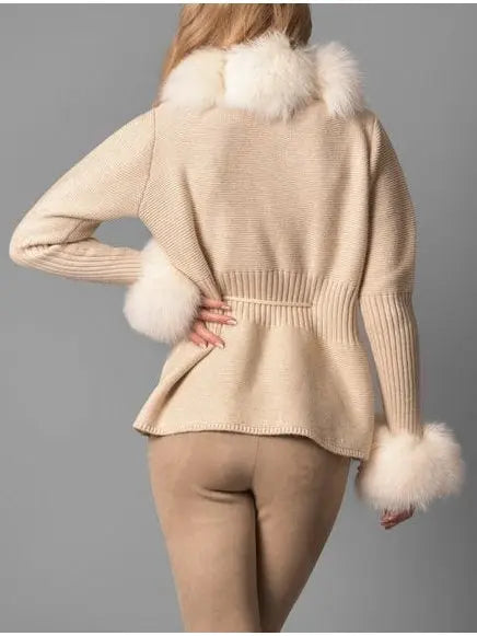 Fur-Trim Knit Cardigan Sweater in Beige - Sweaters & Knitwear