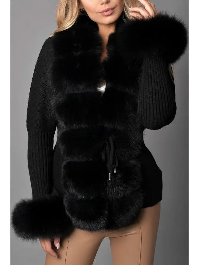 Fur-Trim Knit Cardigan Sweater in Black - Sweaters & Knitwear