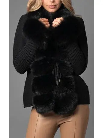 Fur-Trim Knit Cardigan Sweater in Black - Sweaters & Knitwear