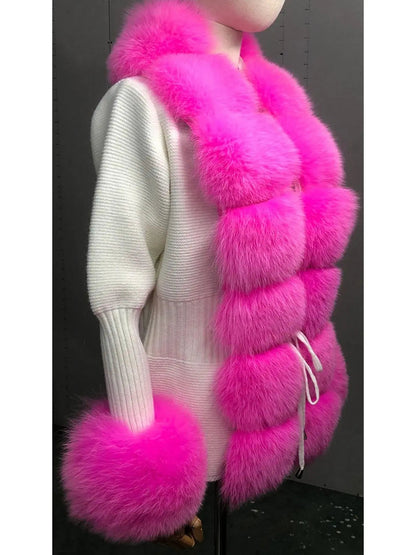 Fur-Trim Knit Cardigan Sweater in Fuchsia and White - Sweaters & Knitwear