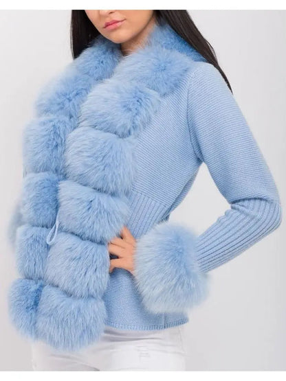 Fur-Trim Knit Cardigan Sweater in Light Blue - Sweaters & Knitwear