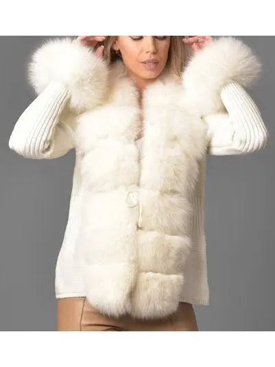 Fur-Trim Knit Cardigan Sweater in White/Cream - Sweaters & Knitwear