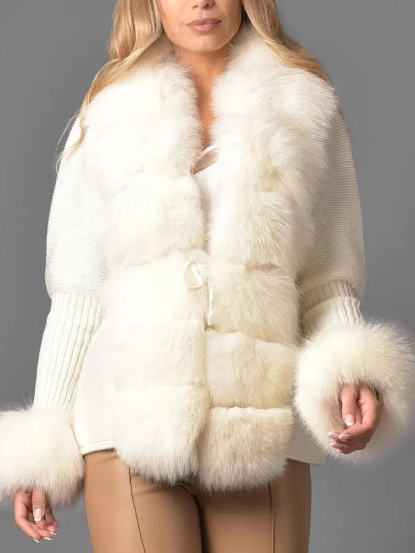 Fur-Trim Knit Cardigan Sweater in White/Cream - Sweaters & Knitwear