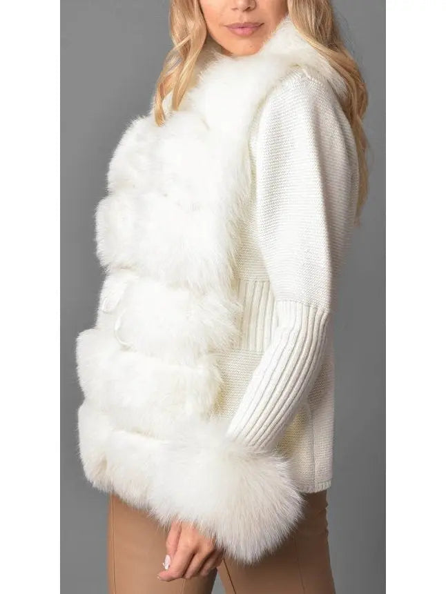 Fur-Trim Knit Cardigan Sweater in White/Cream - Sweaters & Knitwear