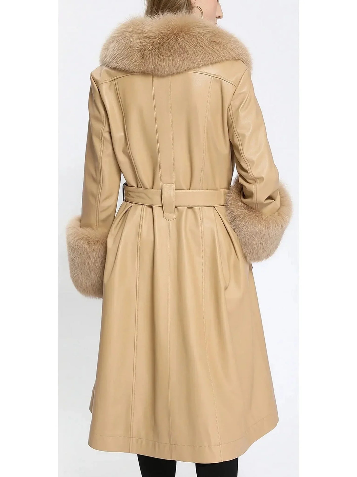 Fur-Trim Leather Coat Beige - Coats