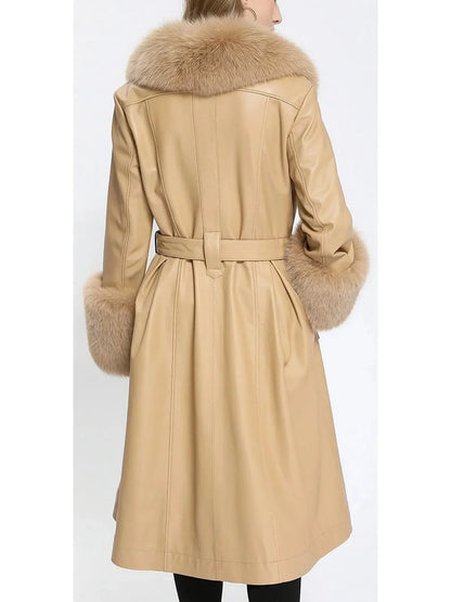 Fur-Trim Leather Coat Beige - Coats