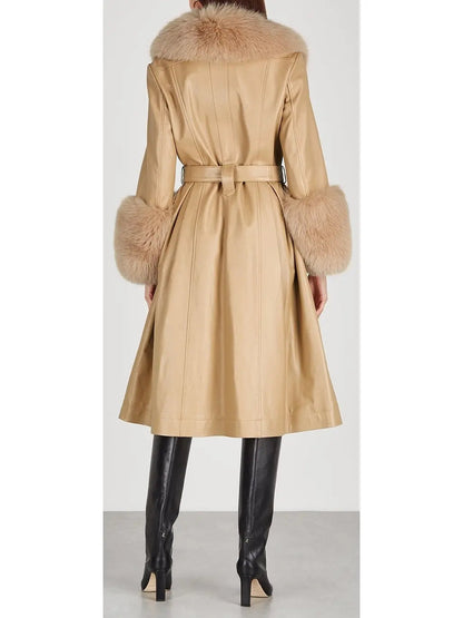 Fur-Trim Leather Coat Beige - Coats