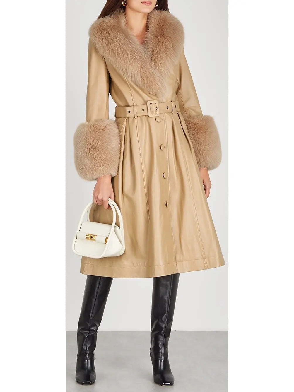 Fur-Trim Leather Coat Beige - Coats