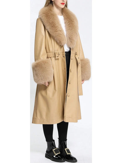 Fur-Trim Leather Coat Beige - Coats