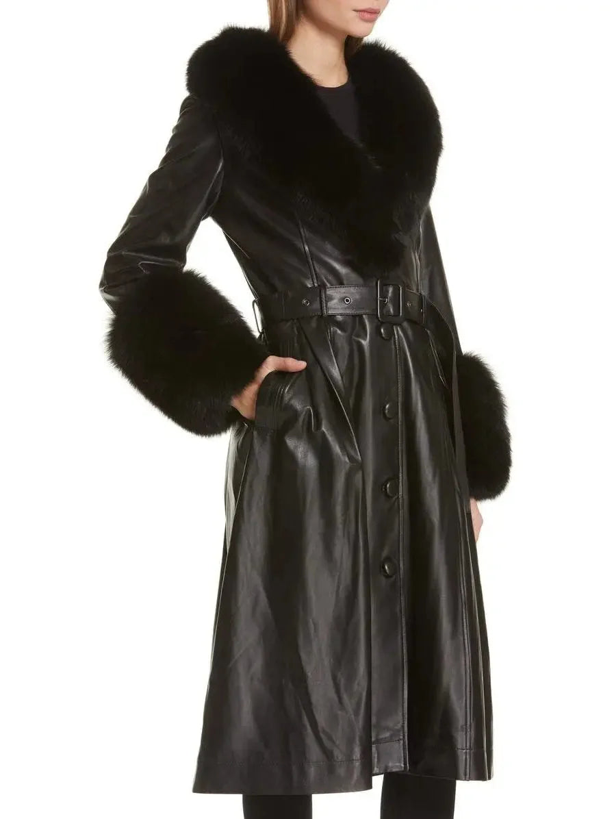 Fur-Trim Leather Coat Black - Coats