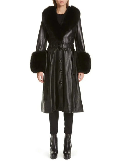 Fur-Trim Leather Coat Black - Coats