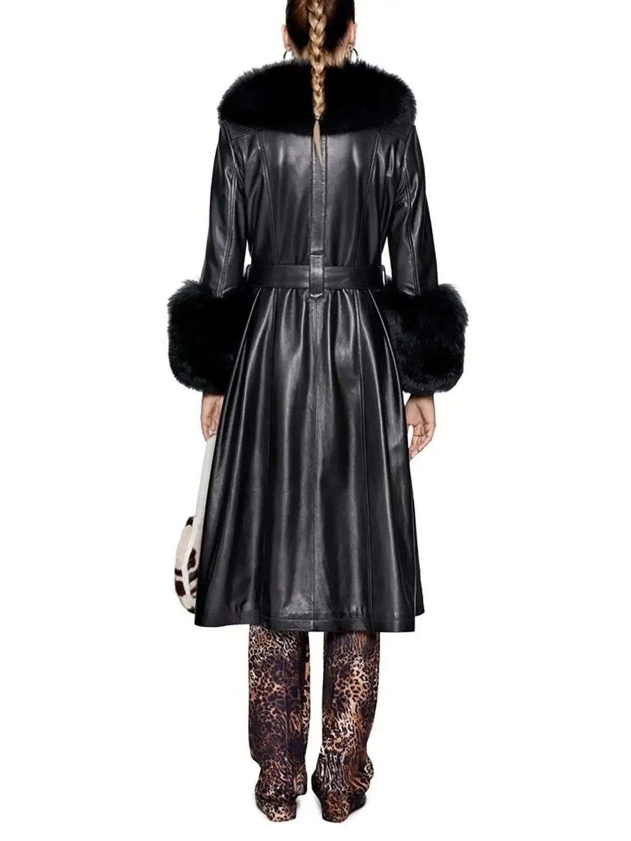 Fur-Trim Leather Coat Black - Coats