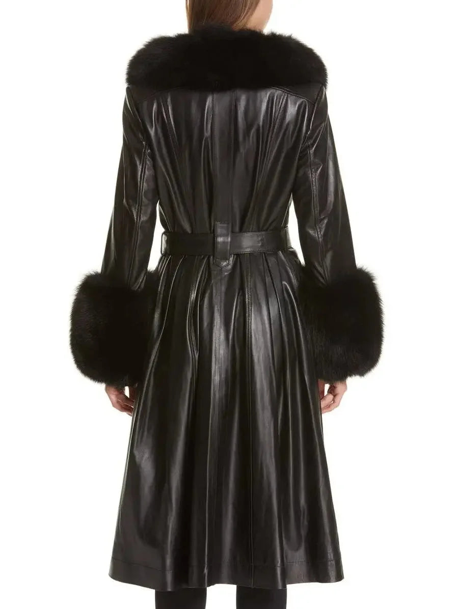 Fur-Trim Leather Coat Black - Coats