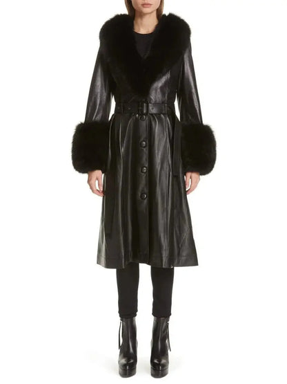 Fur-Trim Leather Coat Black - s - Coats