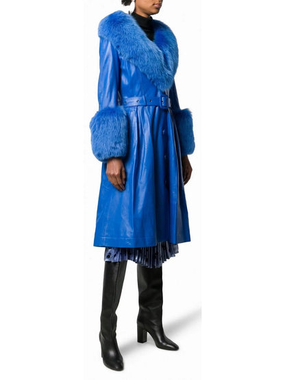 Fur-Trim Leather Coat Blue - Coats