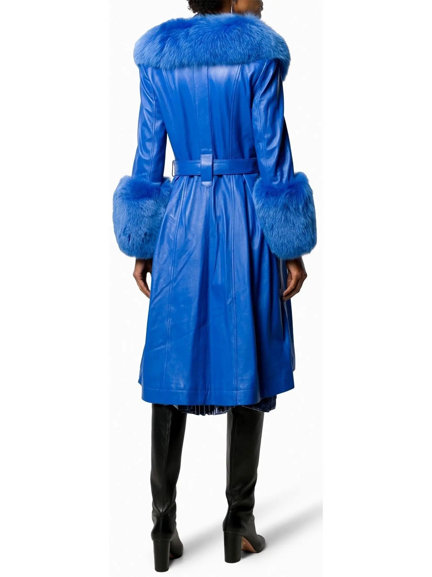 Fur-Trim Leather Coat Blue - Coats