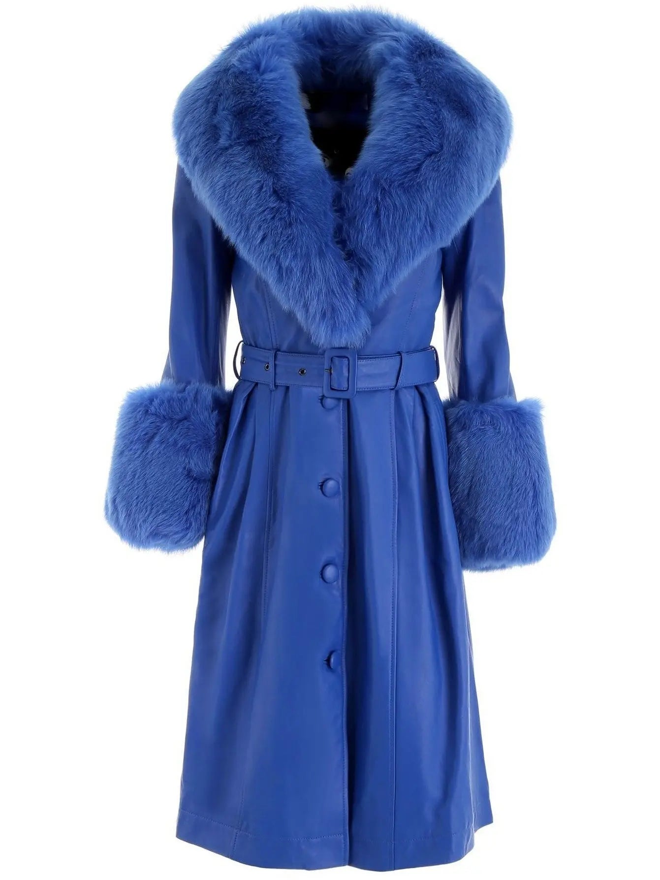 Fur-Trim Leather Coat Blue - Coats