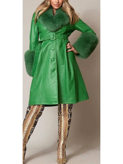 Fur-Trim Leather Coat Green - Coats