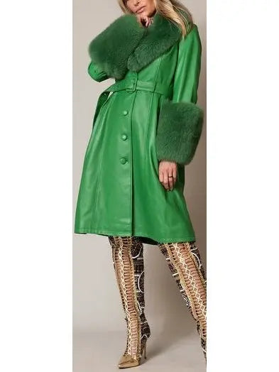 Fur-Trim Leather Coat Green - Coats