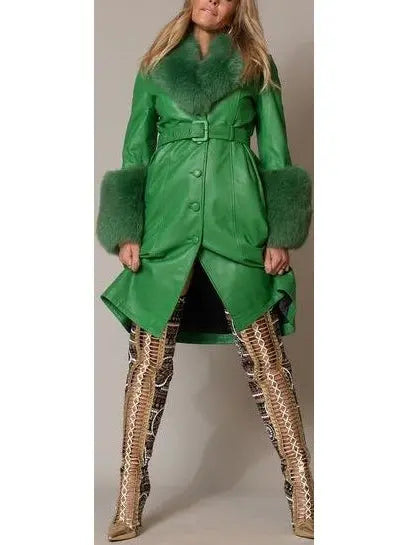 Fur-Trim Leather Coat Green - Coats