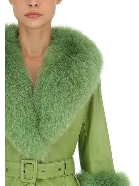 Fur-Trim Leather Coat Light Green - Coats