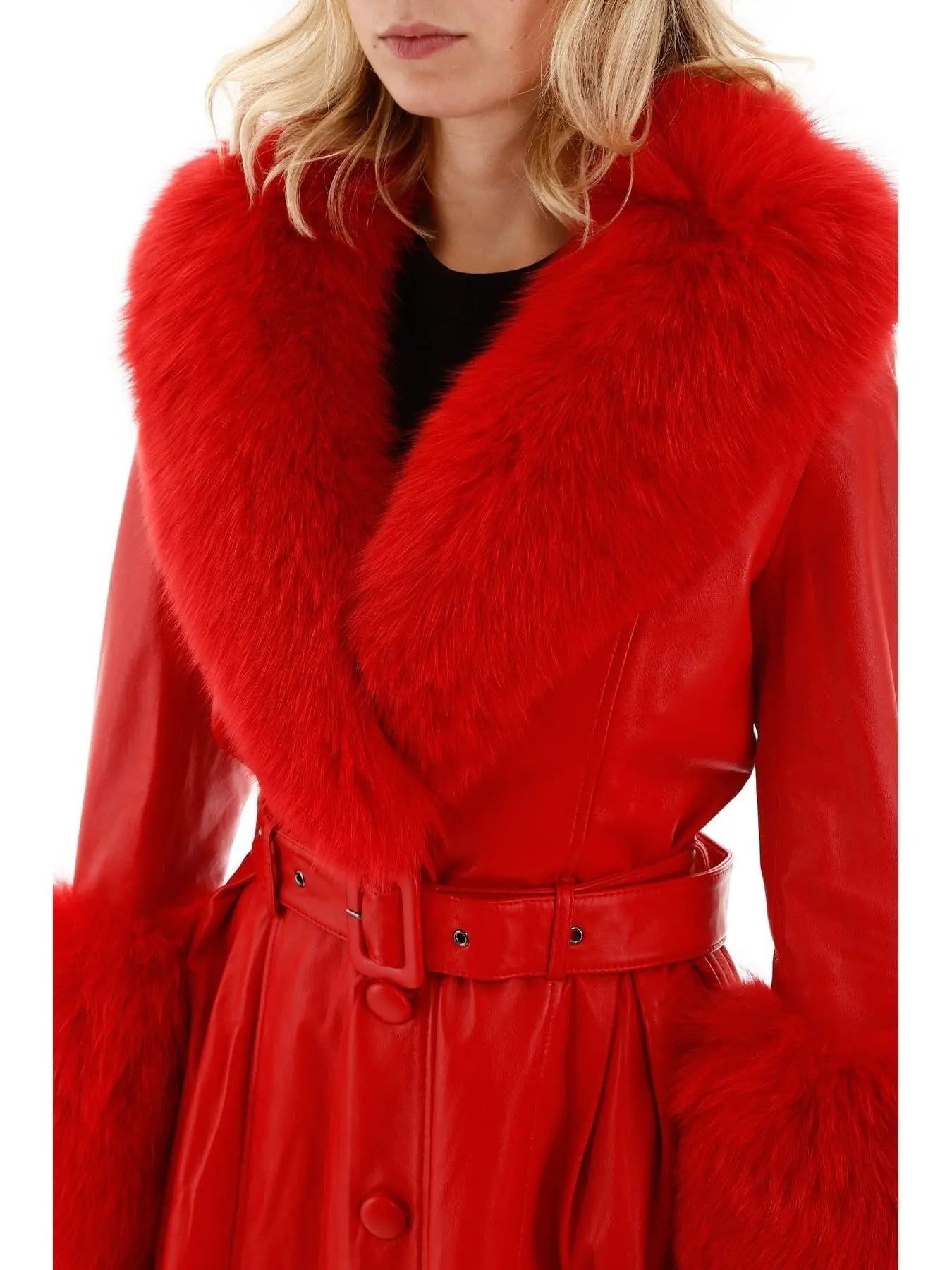 Fur-Trim Leather Coat Red - Coats