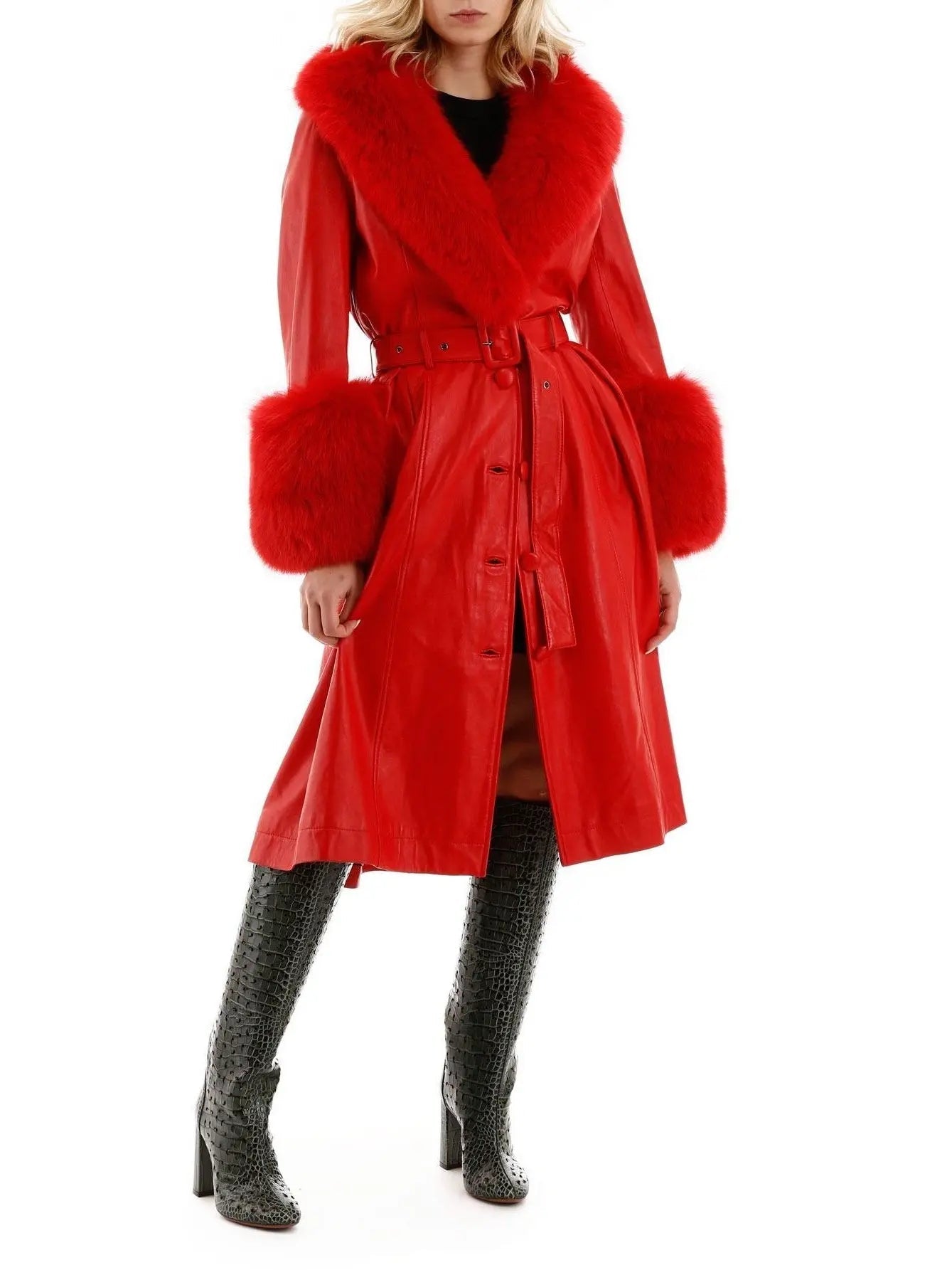 Fur-Trim Leather Coat Red - Coats