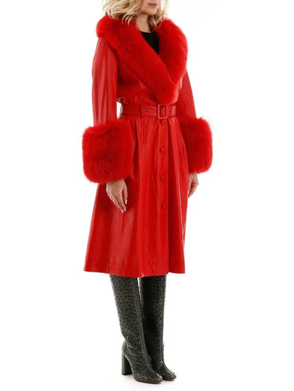 Fur-Trim Leather Coat Red - Coats