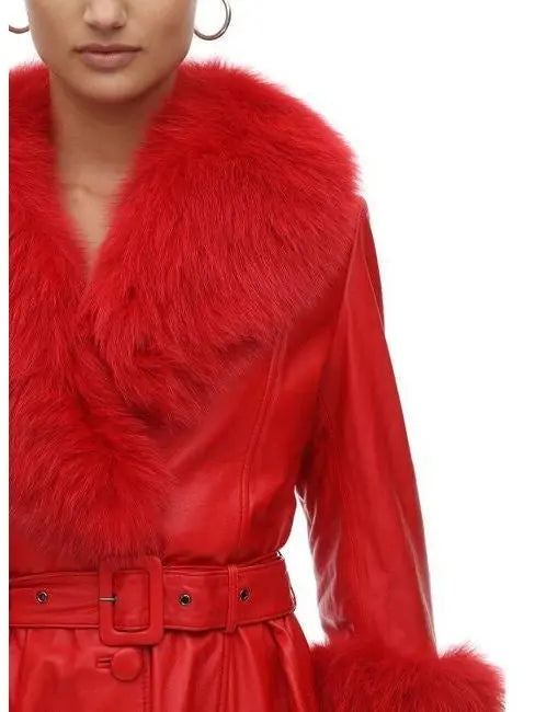 Fur-Trim Leather Coat Red - Coats