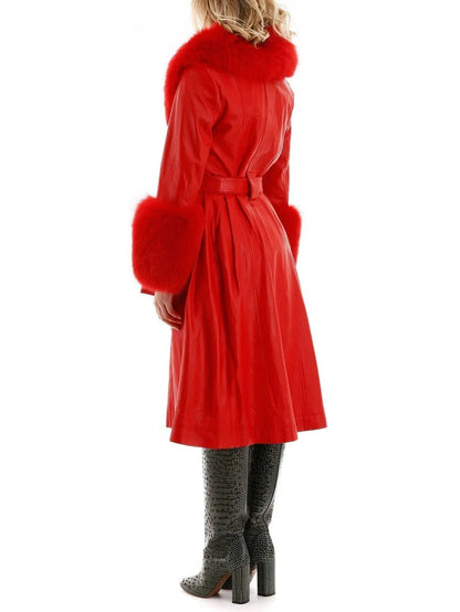 Fur-Trim Leather Coat Red - Coats