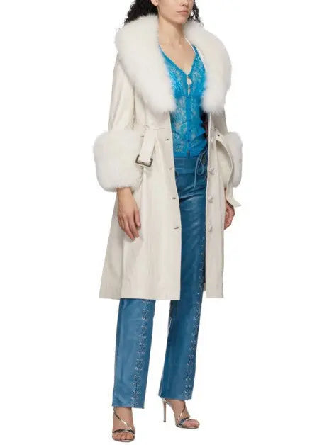 Fur-Trim Leather Coat White - Coats