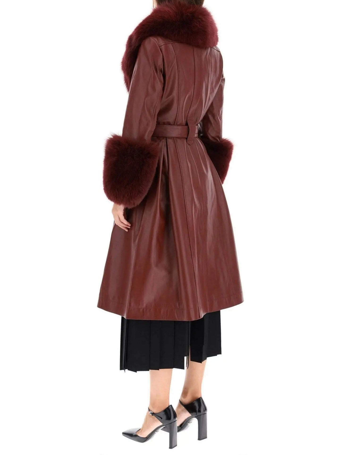 Fur-Trim Leather Coat Wine - Coats