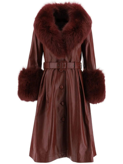 Fur-Trim Leather Coat Wine - Coats