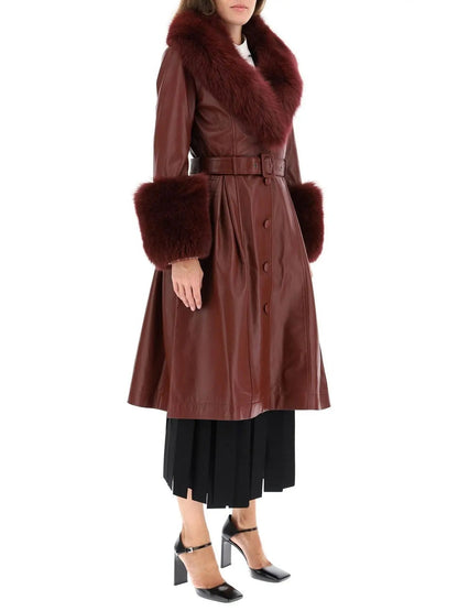 Fur-Trim Leather Coat Wine - Coats