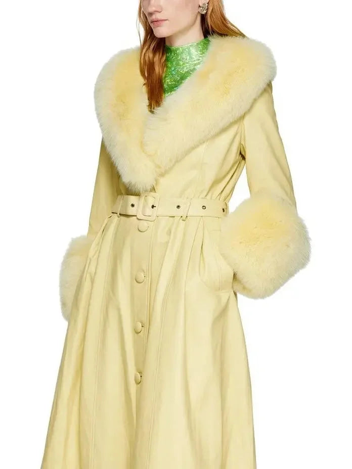 Fur-Trim Leather Coat Yellow - Coats