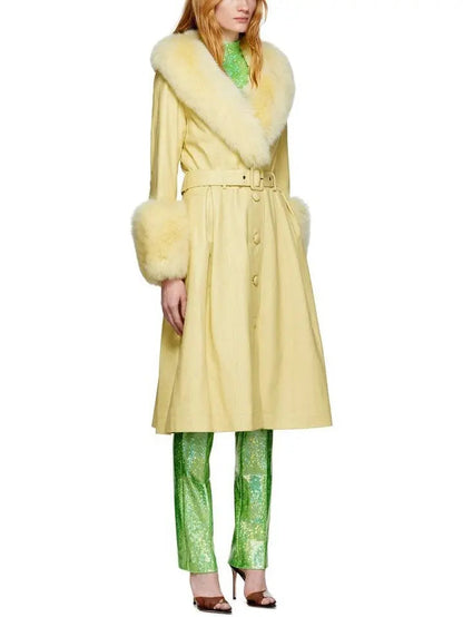 Fur-Trim Leather Coat Yellow - Coats